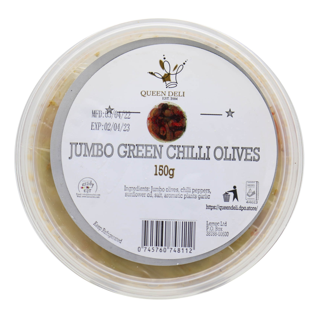 QUEEN DELI JUMBO GREEN OLIVES 150G